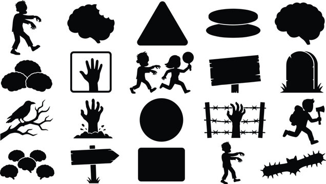 Zombie apocalypse elements set with undead figures brain icons and scary graveyard signs