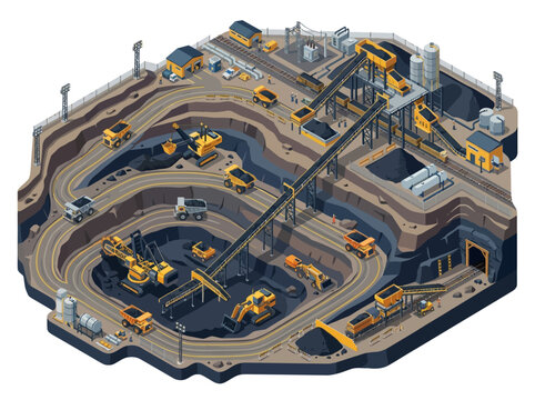Open Pit Coal Mine with Heavy Machinery Conveyor Systems and Processing Plant