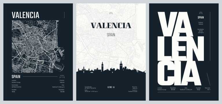 Detailed street plan city map Valencia capital of the Valencian Community in Spain, Vector set of travel posters, Silhouette skyline artwork, kit 2