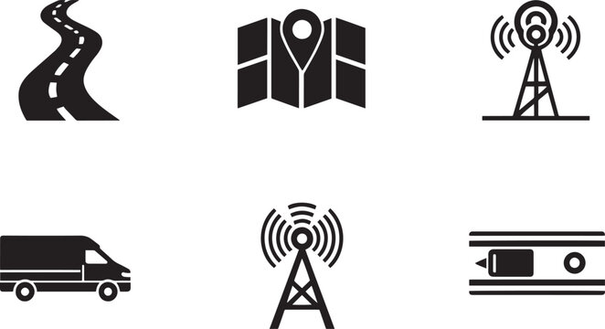 Global telecommunication logistics global positioning satellite map tracking and smart transit network solid glyph icons set with industrial oil drilling rig cargo transport airplane flight tracking r