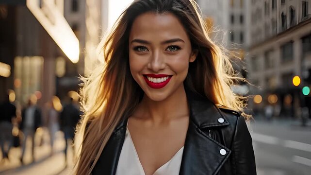 Young Woman with Red Lipstick Walking in City Street at Sunset.