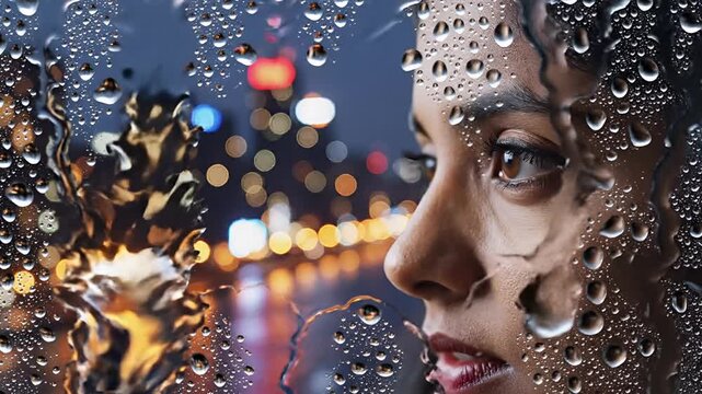 Woman Looking Out Window on Rainy Night Cityscape Bokeh Lights.