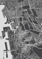Fototapeta premium Detailed vector map Jeddah lies on the Red Sea coast in the Hijaz region of Saudi Arabia, Monochrome topographic urban street plan, Cartography travel poster
