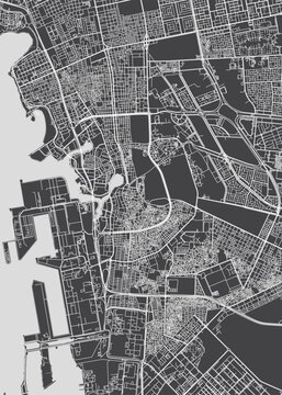 Detailed vector map Jeddah lies on the Red Sea coast in the Hijaz region of Saudi Arabia, Monochrome topographic urban street plan, Cartography travel poster