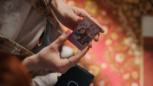 Overhead closeup shot of two female friends standing together in cozy sunlit bedroom with red rug and looking at freshly printed selfie from portable instant photo printer