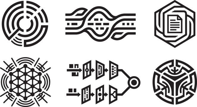 Global computer network infrastructure blockchain encryption database management and digital big data technology thin line icons set with concentric rotational cyber security maze server transfer spee