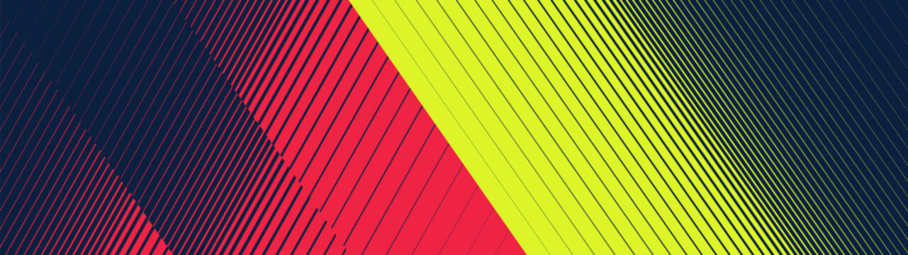 Dynamic vector composition with rhythmic repetition of rigid diagonal lines of varying thickness, geometric contrasting color zones with transition linear halftone creates a fast motion sport effect
