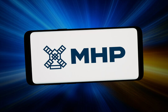 Stuttgart, Germany - 05-18-2026: In this photo illustration, the logo of Ukrainian agribusiness company PrJSC MHP is displayed on a smartphone in front of abstract background on computer screen.