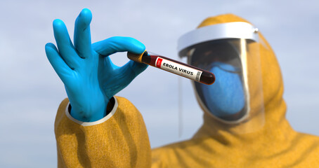 Plakat A doctor wearing a protective suit and mask holds a test tube for the Ebola virus. The test result is positive for Ebola.
