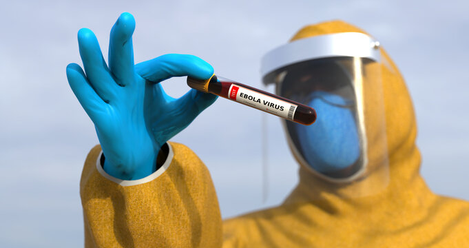 A doctor wearing a protective suit and mask holds a test tube for the Ebola virus. The test result is positive for Ebola.