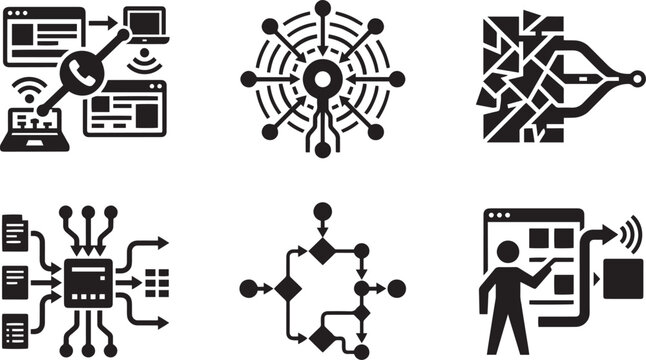 Business communication system workflow process automation and information routing management solid glyph icons set with digital VoIP phone network centralized data connection flowchart diagram server 