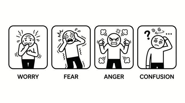 Set of four icons depicting human emotions: worry, fear, anger, and confusion, in simple line art on an isolated white background.