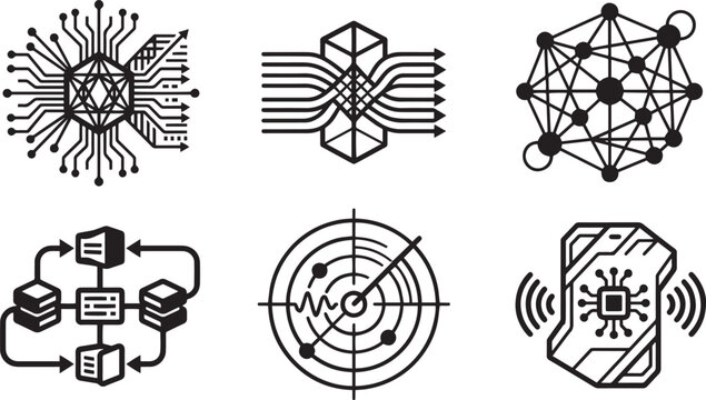 Artificial intelligence quantum computing hardware and digital signal processing infrastructure thin line icons set with neural network matrix data compression algorithmic circuit node server communic