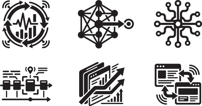 Artificial intelligence predictive analysis machine learning algorithms and big data visualization systems solid glyph icons set with neural network architecture performance dashboard circuit node net
