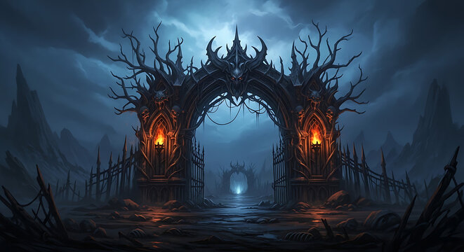 Spooky gothic hell gate with fire and skulls, perfect for dark fantasy