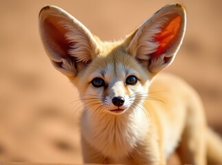 Naklejka premium Close up portrait of a fennec fox (Vulpes zerda), small canine with huge ears and large dark eyes on blurred sand background, exotic desert wildlife concept