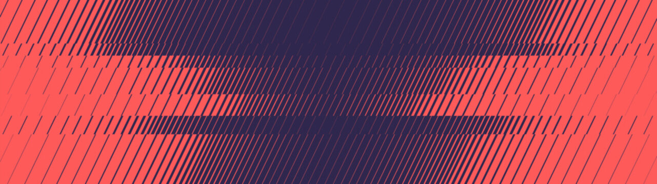 Halftone gradient coral and dark violet background, Sharp diagonal stripes with horizontal glitch slice transition, Fade oblique lines gradation ornament, Abstract slanted geometric pattern