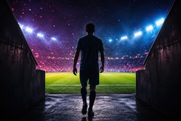 Obraz premium Soccer player walking from tunnel to field during match. Professional athlete entering stadium for game. Sports competition and championship atmosphere with bright evening arena lights