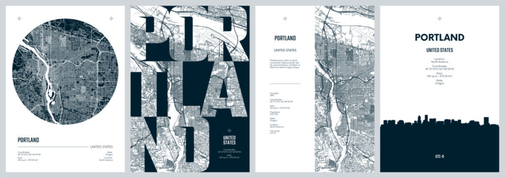Set of travel posters design with street plan Portland, is the most populous city in the US state of Oregon, Silhouette city skyline, vector artwork, Monochrome printable detailed urban city map