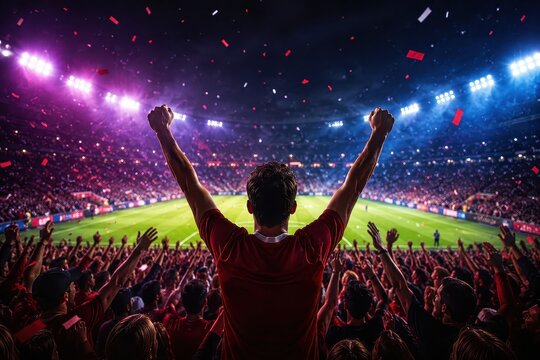 Man fan with hands raised cheering at soccer stadium during night match. Excited football supporter celebrating goal with crowd in illuminated arena. Sports victory and emotion concept