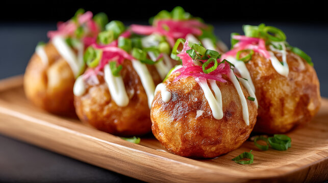 Delicious takoyaki balls with mayo, pickled ginger, and green onions on wooden plate