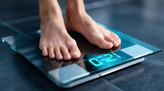Close-up of feet on a digital floor scale, blue display reading 62.7 kg