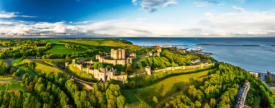 Dover Castle from a drone, White Cliffs, Dover, Kent, England