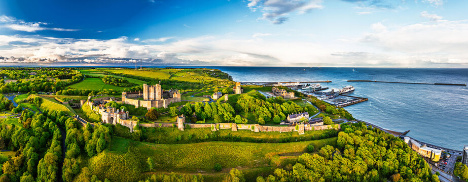 Dover Castle from a drone, White Cliffs, Dover, Kent, England