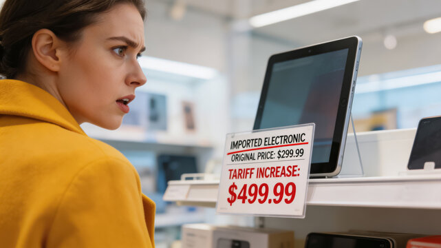 Female shopper shocked by price increase on electronic device in store display