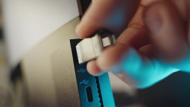 Close up on portable flash drive device plugged into computer or screen. Hand inserts memory stick to copy files or install software. Spy or hacker stealing data intelligence or infecting with malware
