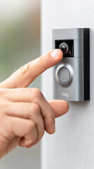 Naklejka premium Smart home security: visitor interaction with ring doorbell for home safety and monitoring