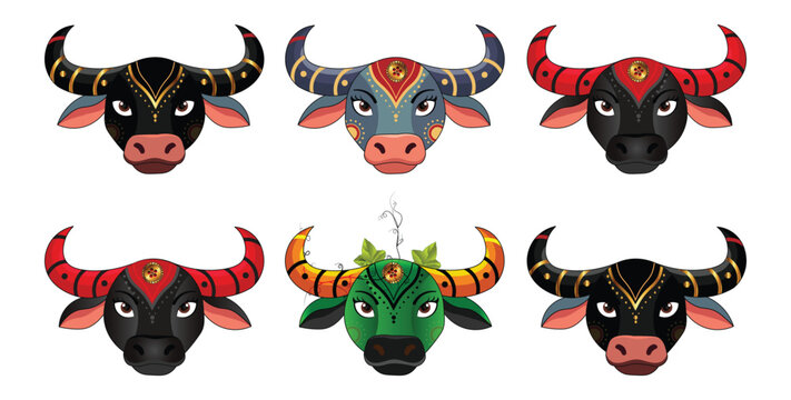 Mahishasura Buffalo Face Set Durga Puja Hindu Mythology Vector Illustration 