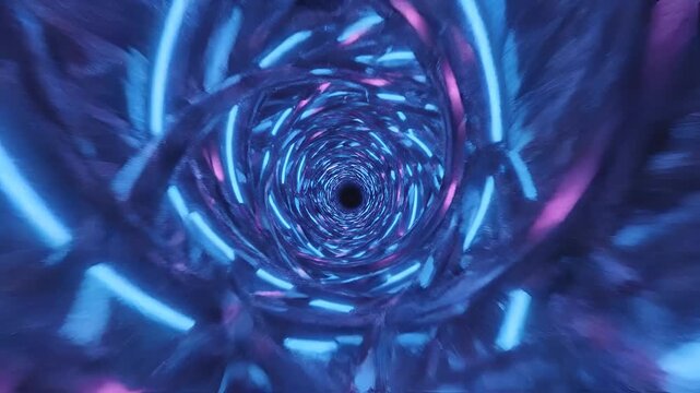 Abstract Blue and Purple Neon Tunnel Vortex Motion Background.