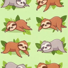 Fototapeta premium Cute Cartoon Sloth Sleeping on Green Leaf Pattern Background