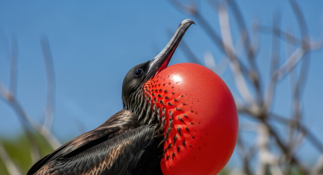 Magnificent frigatebird (Fregata magnificens), close up portrait of a male with inflated red gular pouch in courtship