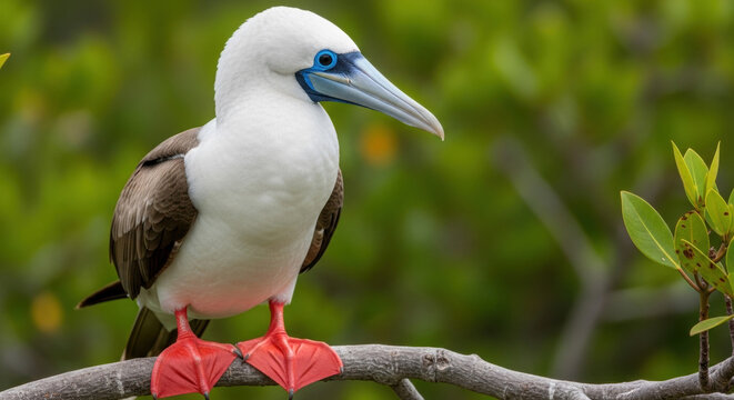 Red footed booby (Sula sula), extreme close up portrait of a marine bird perched on a mangrove branch