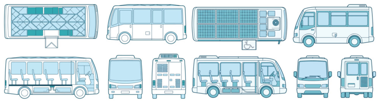 Minibus Blueprint Set Showing Top, Side, Front and Rear Views With Interior Seating Layout