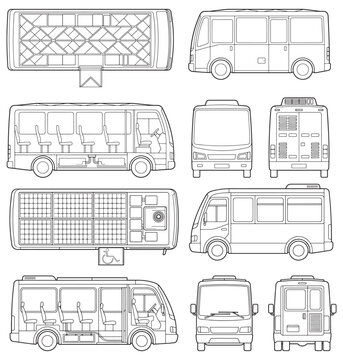 Minibus Blueprint and Technical Line Drawings Showing Multiple Views, Seating Layout and Accessibility
