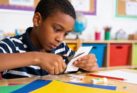 Young Black boy cutting paper with scissors in a classroom. African American student doing arts and crafts project at school. Creative learning and fine motor skills development concept
