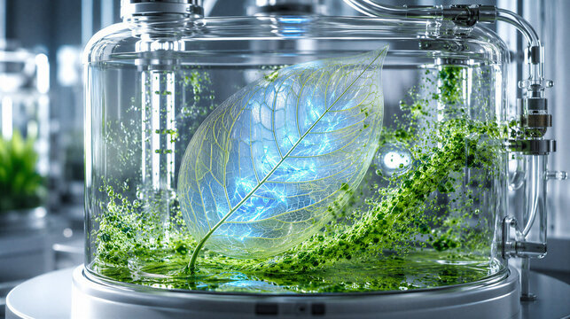 Futuristic transparent bioengineered leaf glowing inside a glass bioreactor with green algae, biotechnology laboratory and sustainable bioenergy research concept.