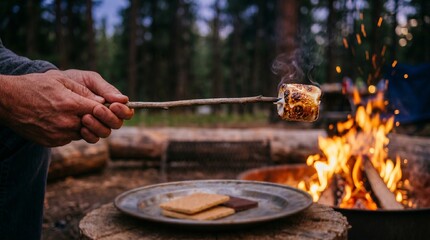 Fototapeta premium Man roasting marshmallow over campfire while surrounded by forest - Summer Vacation concept