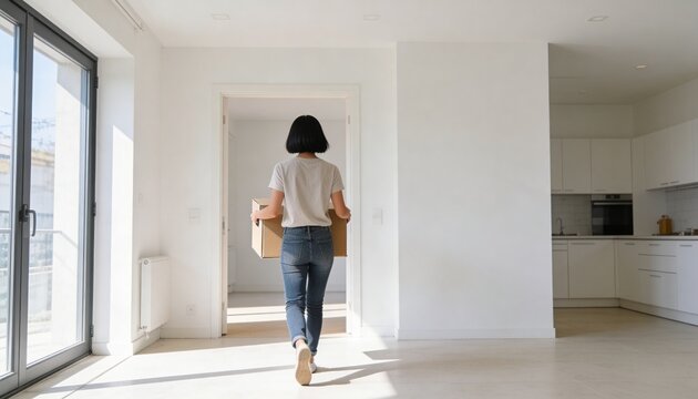 Young woman carrying cardboard box into new empty apartment. Moving day and relocation concept. Female student moving after graduation into first home