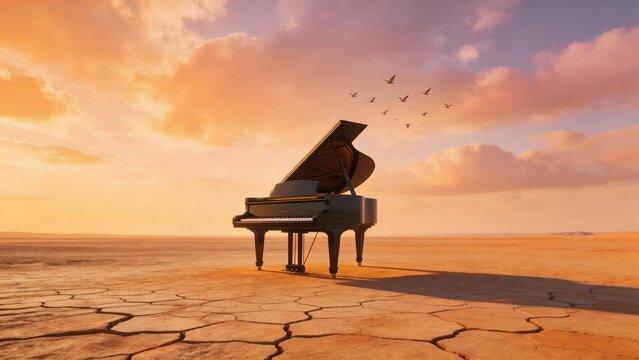 Piano in desert at sunset