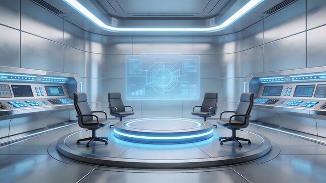 Futuristic control room with chairs and screens