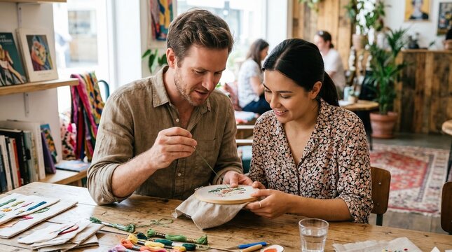 Man and woman doing embroidery together at a wooden table. Couple learning to sew a floral design in a hoop. Creative craft workshop and diy handmade hobby concept