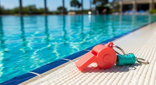 Bright Red Lifeguard Whistle Resting Beside Outdoor Swimming Pool