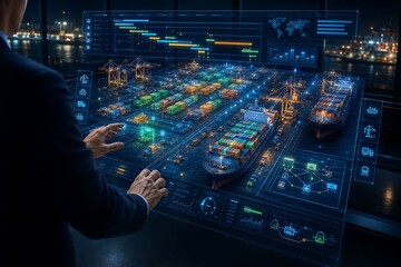 Obraz premium Digital visualization of international container port terminal operations with interactive ship tracking