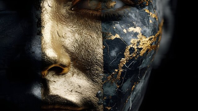 Close up of a person's face with gold and black marble makeup contrasting textures and lighting