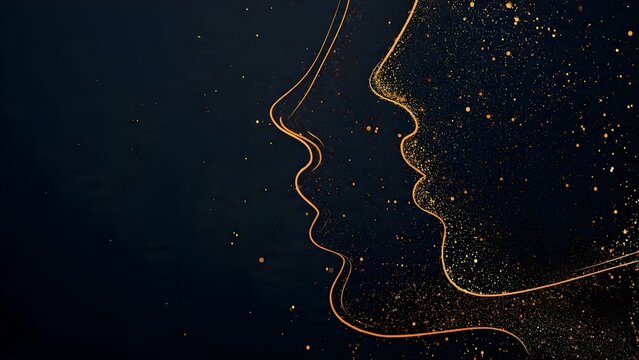 Golden silhouettes of two faces in profile with sparkling particles on dark background