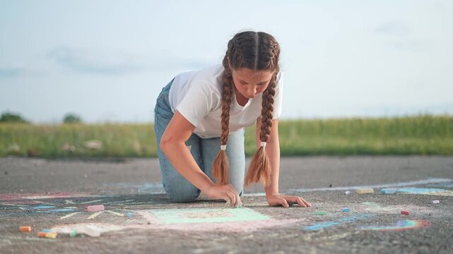 A child holds chalk, drawing on the street, chalk colors bright in summer. The kid enjoys outdoor play, girl focused on art, drawing shapes chalk, summer joy filling street playful chalk art again